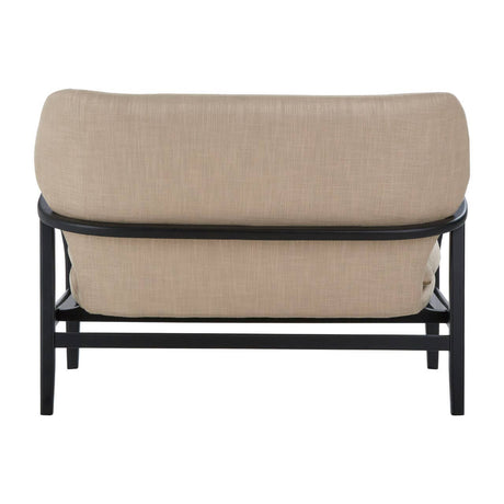 Back view of beige linen two seater sofa with black wood frame on a white background