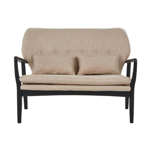 Beige linen two seater sofa with black wood frame on a white background