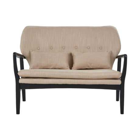 Beige linen two seater sofa with black wood frame on a white background