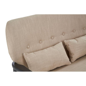 Backrest of beige linen two seater sofa with cushions on a white background