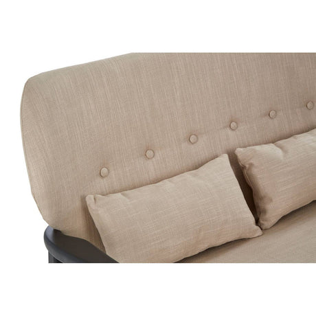 Backrest of beige linen two seater sofa with cushions on a white background