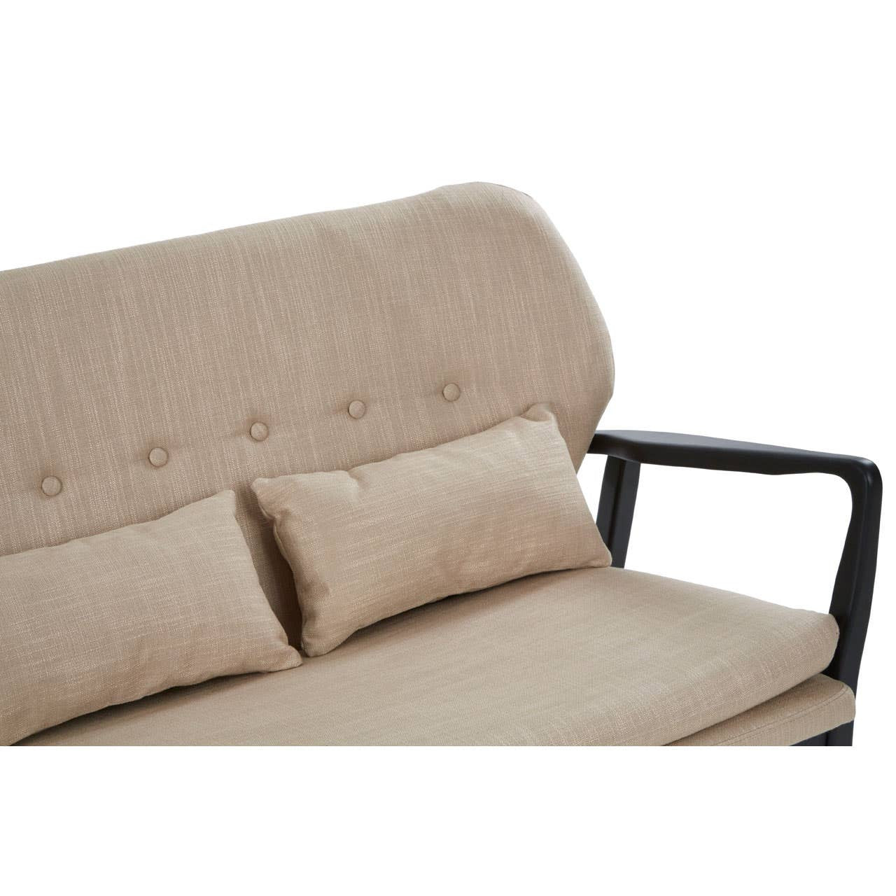Beige linen two seater sofa with black wood frame and cushions on a white background