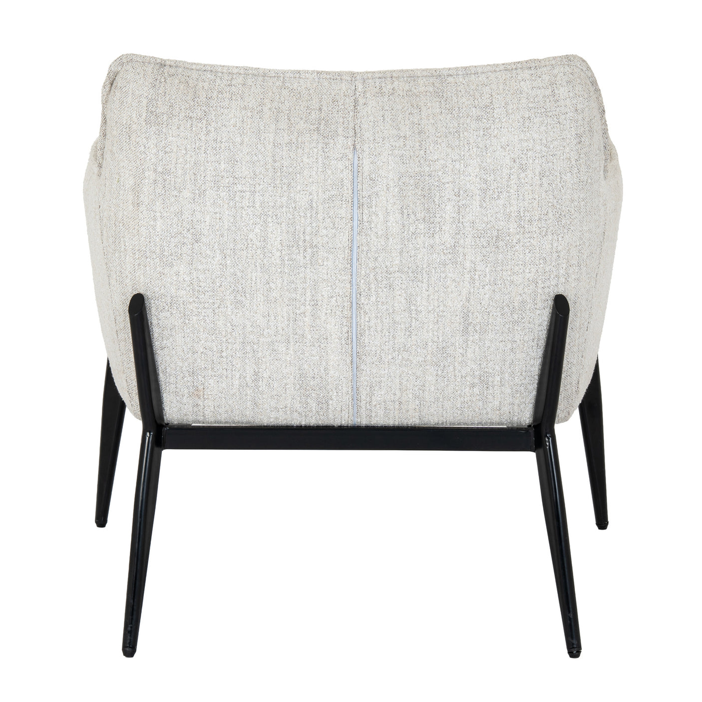 Back view of a grey upholstered chair with black legs on a white background