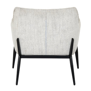 Back view of a grey upholstered chair with black legs on a white background