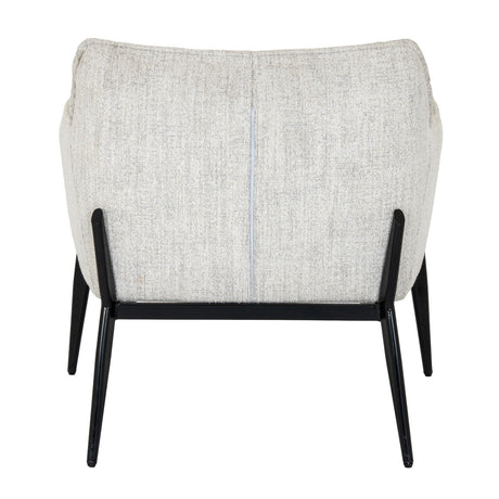 Back view of a grey upholstered chair with black legs on a white background