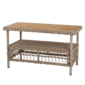 Wicker coffee table with a wooden top on a white background