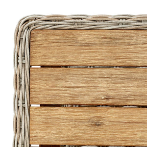 Close-up of a wicker table with a wooden top on a white background