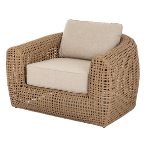 Wicker armchair with beige cushion on a white background