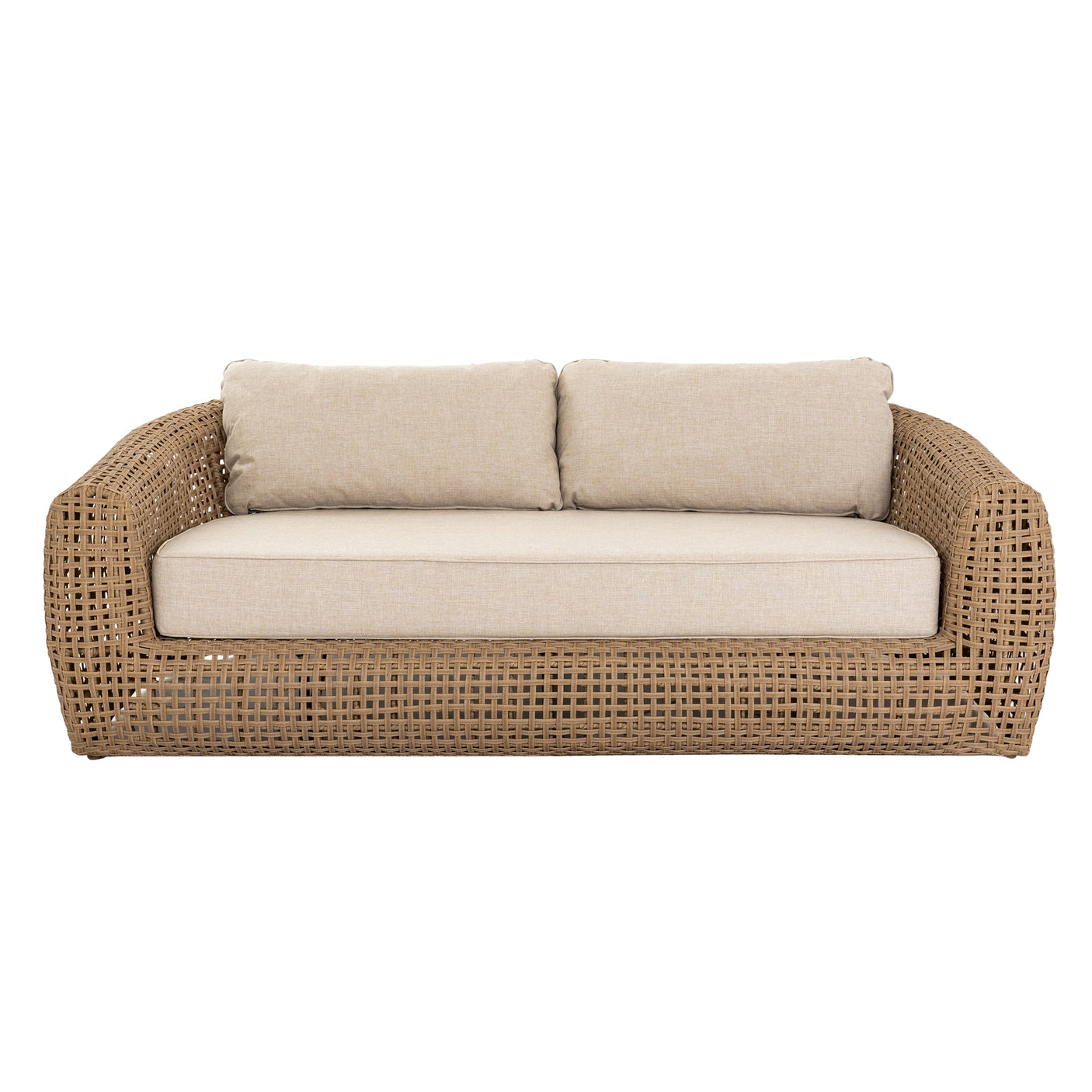Beige sofa with wicker frame on a white background