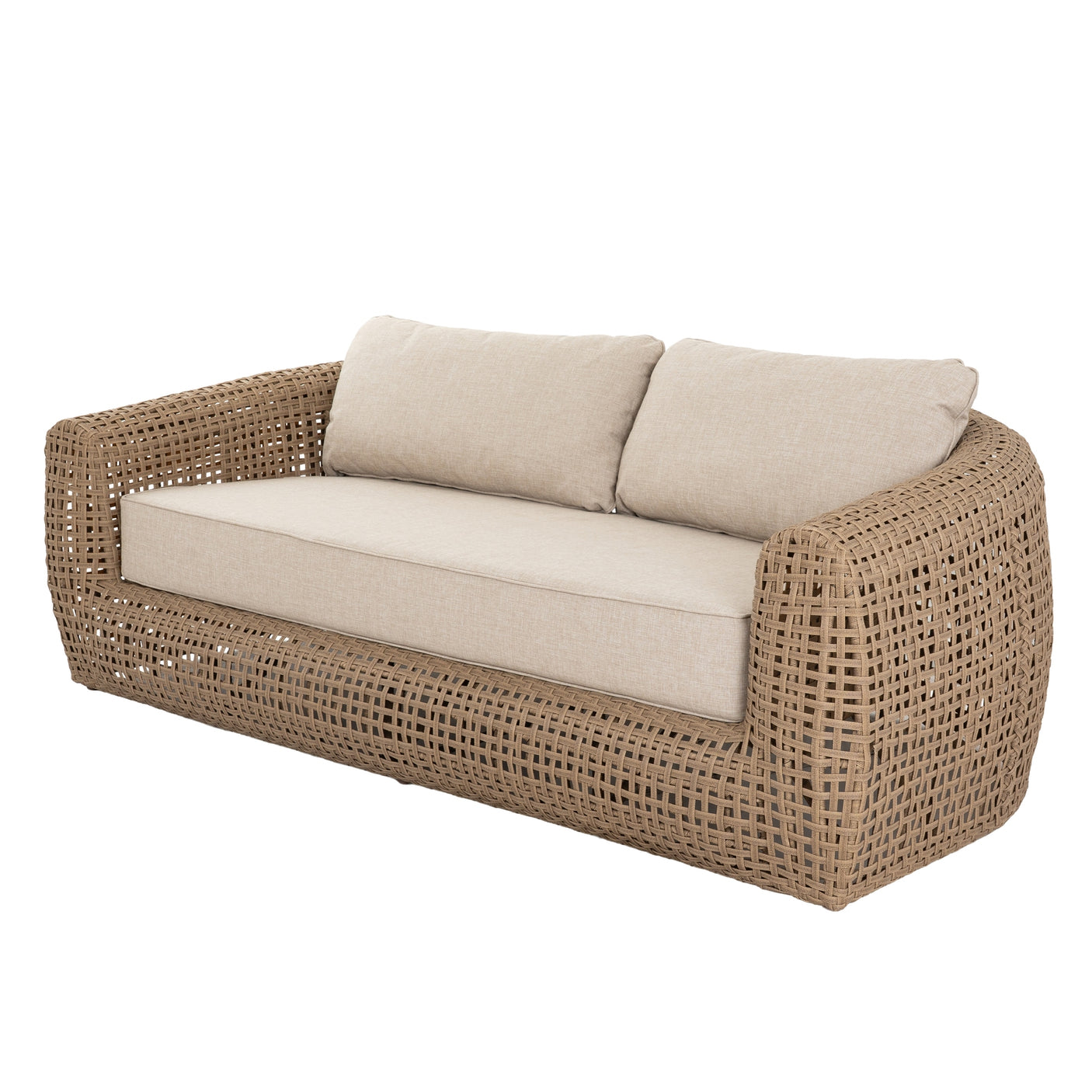 Wicker outdoor sofa with beige cushions on a white background