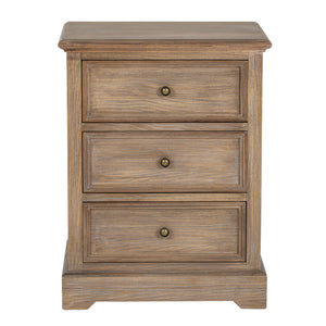 Wooden nightstand with three drawers against a white background