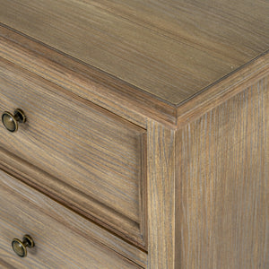 Close-up of a wooden dresser with a focus on the corner and drawers.