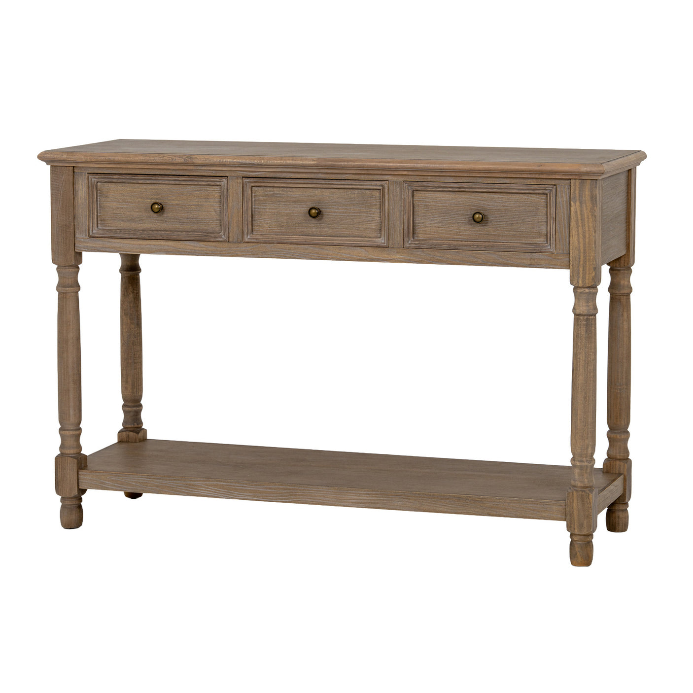 Wooden console table with three drawers on a white background