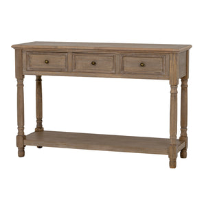 Wooden console table with three drawers on a white background