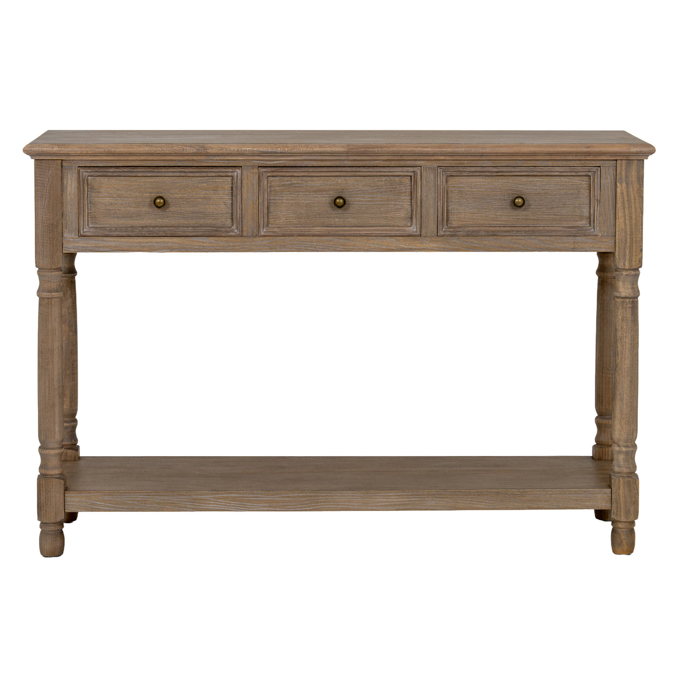 Front view of a wooden console table with three drawers on a white background
