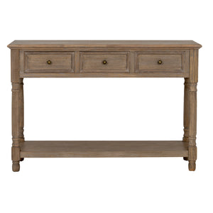 Front view of a wooden console table with three drawers on a white background