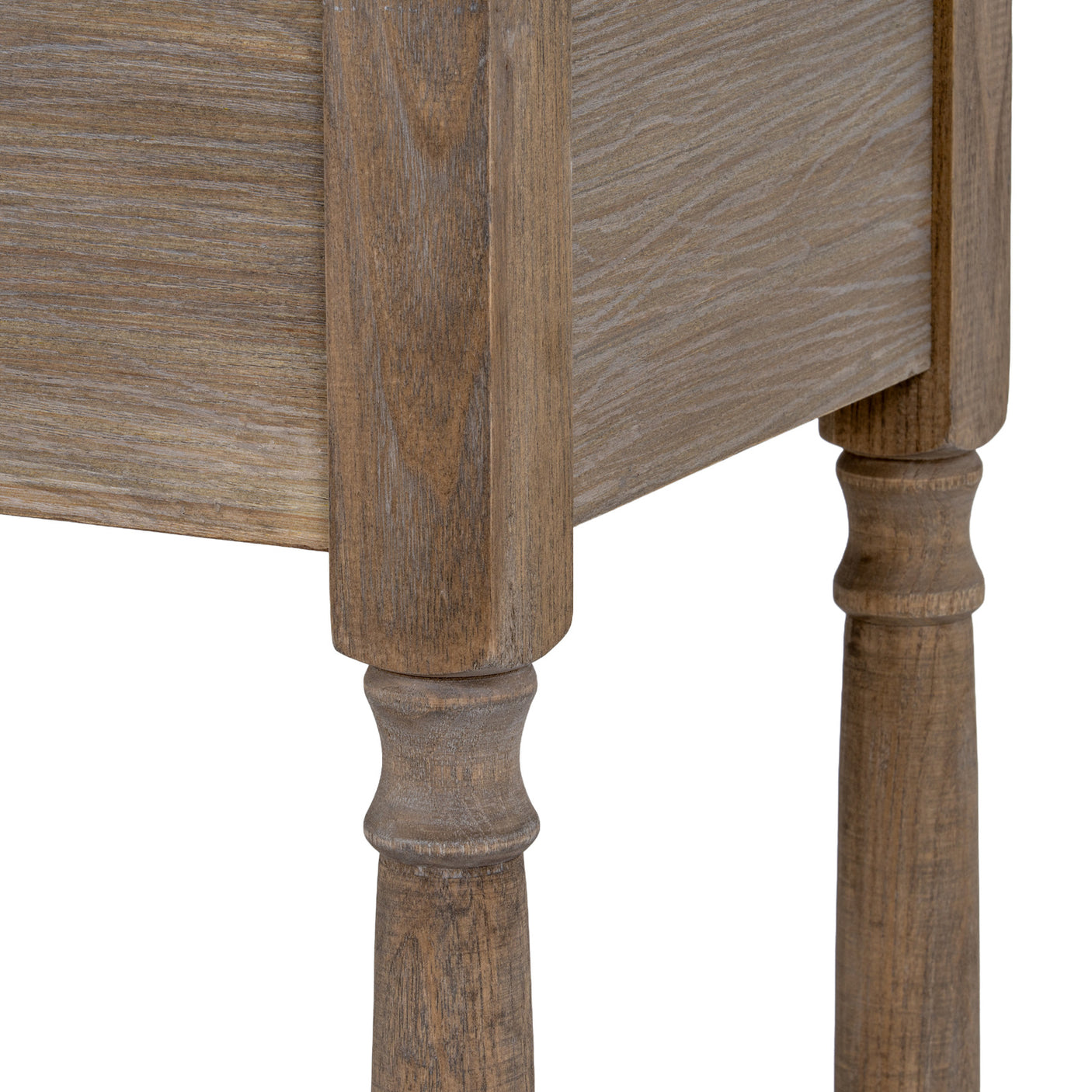 Close-up of a wooden console table with a white background