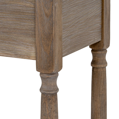 Close-up of a wooden console table with a white background