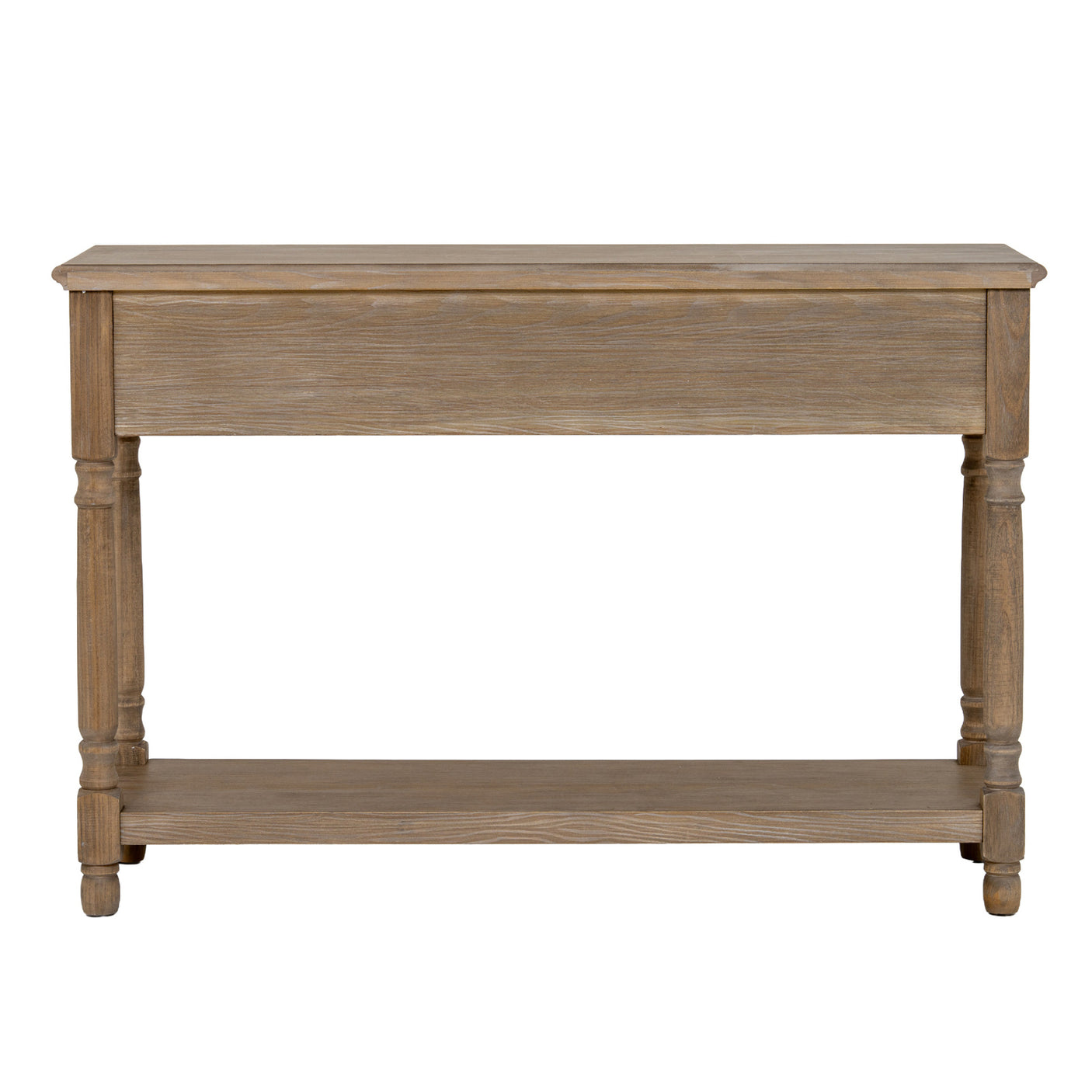 Wooden console table with a single drawer and shelf on a white background