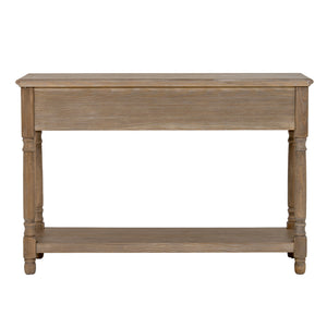 Wooden console table with a single drawer and shelf on a white background