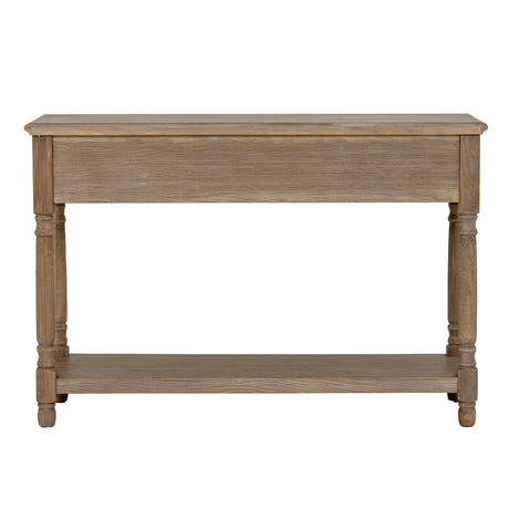 Wooden console table with a single drawer and shelf on a white background