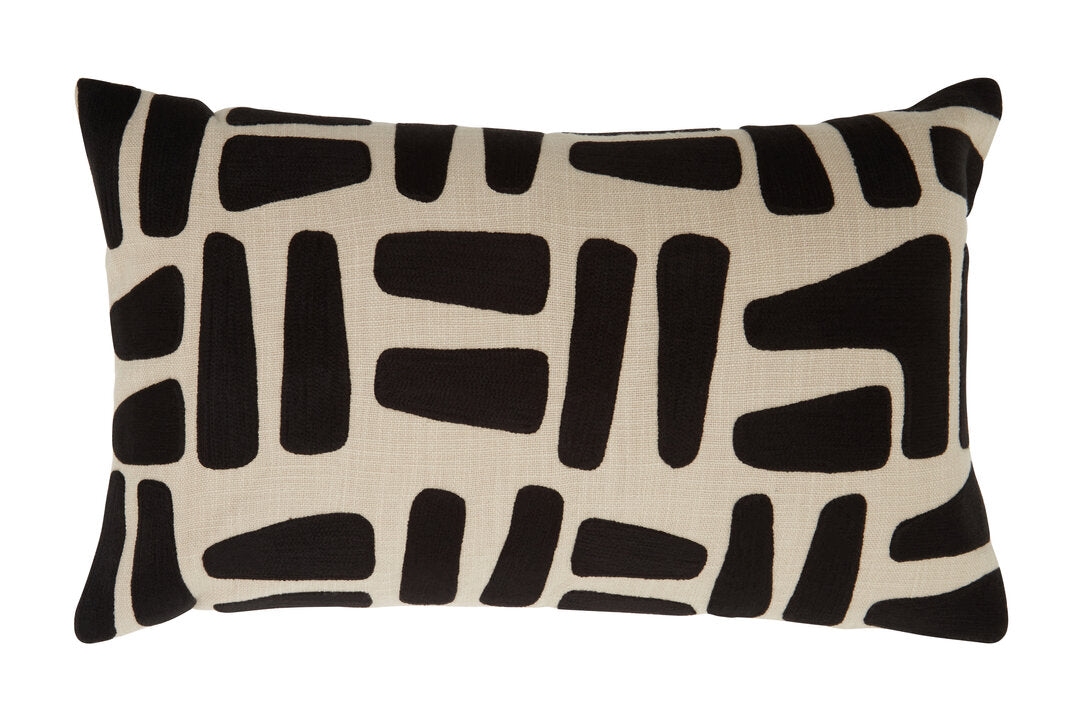 Rectangular Elora Natural And Black Embroidered Cushion with black embroidered bars on natural cotton, on a white background