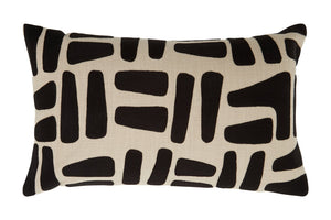 Rectangular Elora Natural And Black Embroidered Cushion with black embroidered bars on natural cotton, on a white background