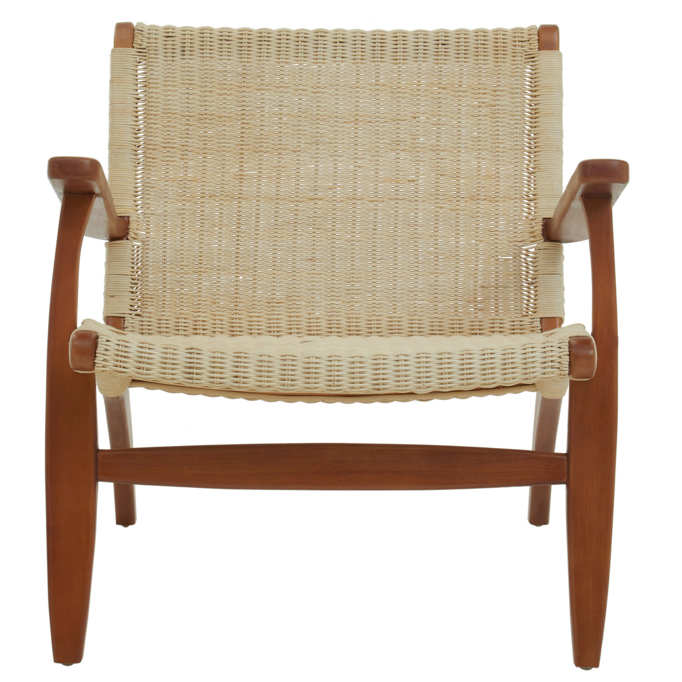 Woven chair with wooden frame on a white background