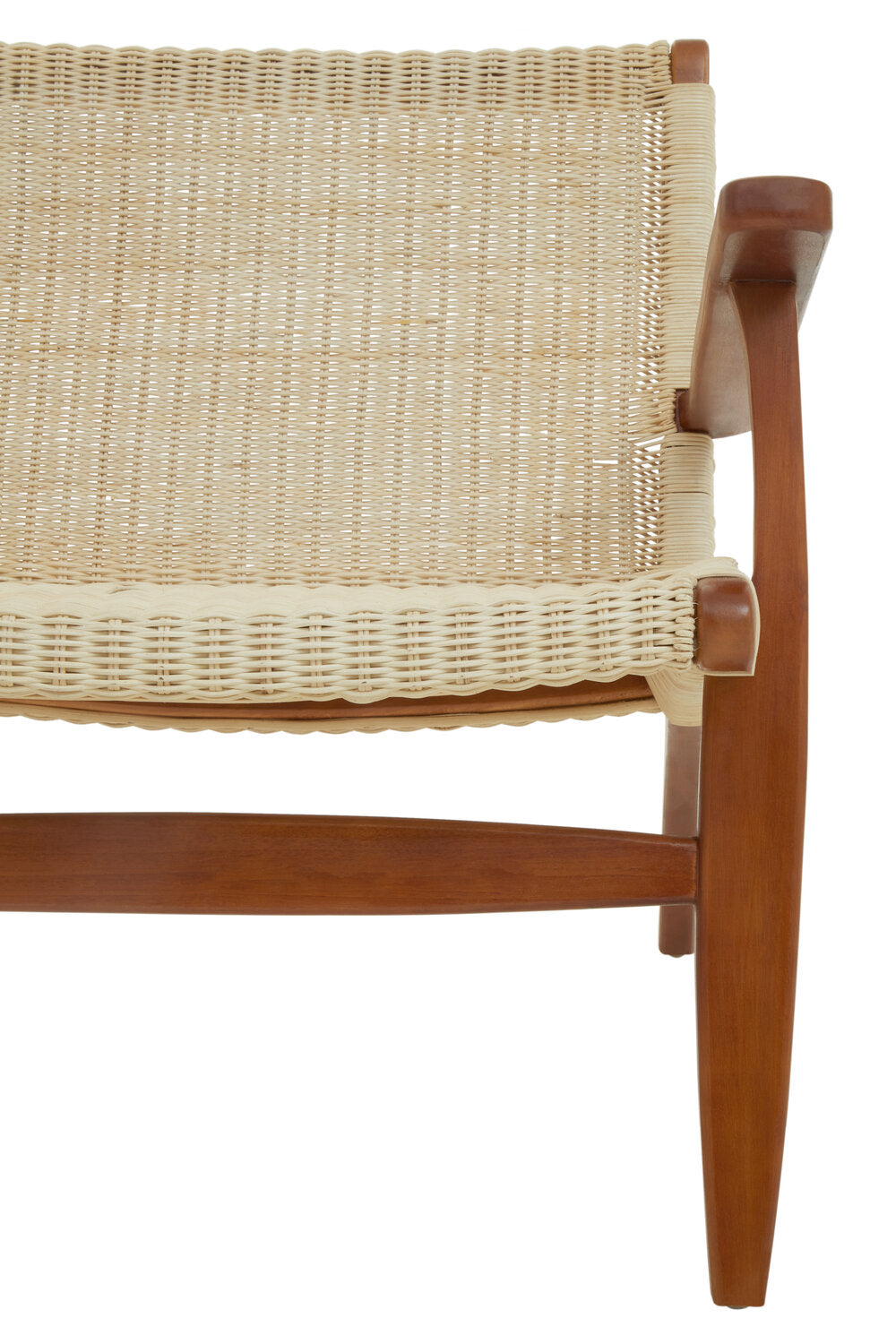 Close up of the front of a cream woven armchair with wooden frame.