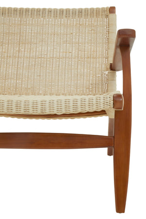 Close up of the front of a cream woven armchair with wooden frame.