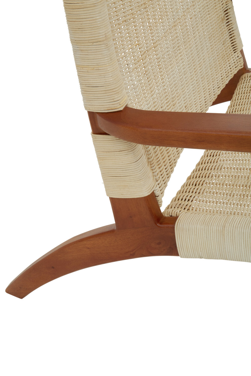 Close-up of a wicker chair with wooden armrests on a white background.