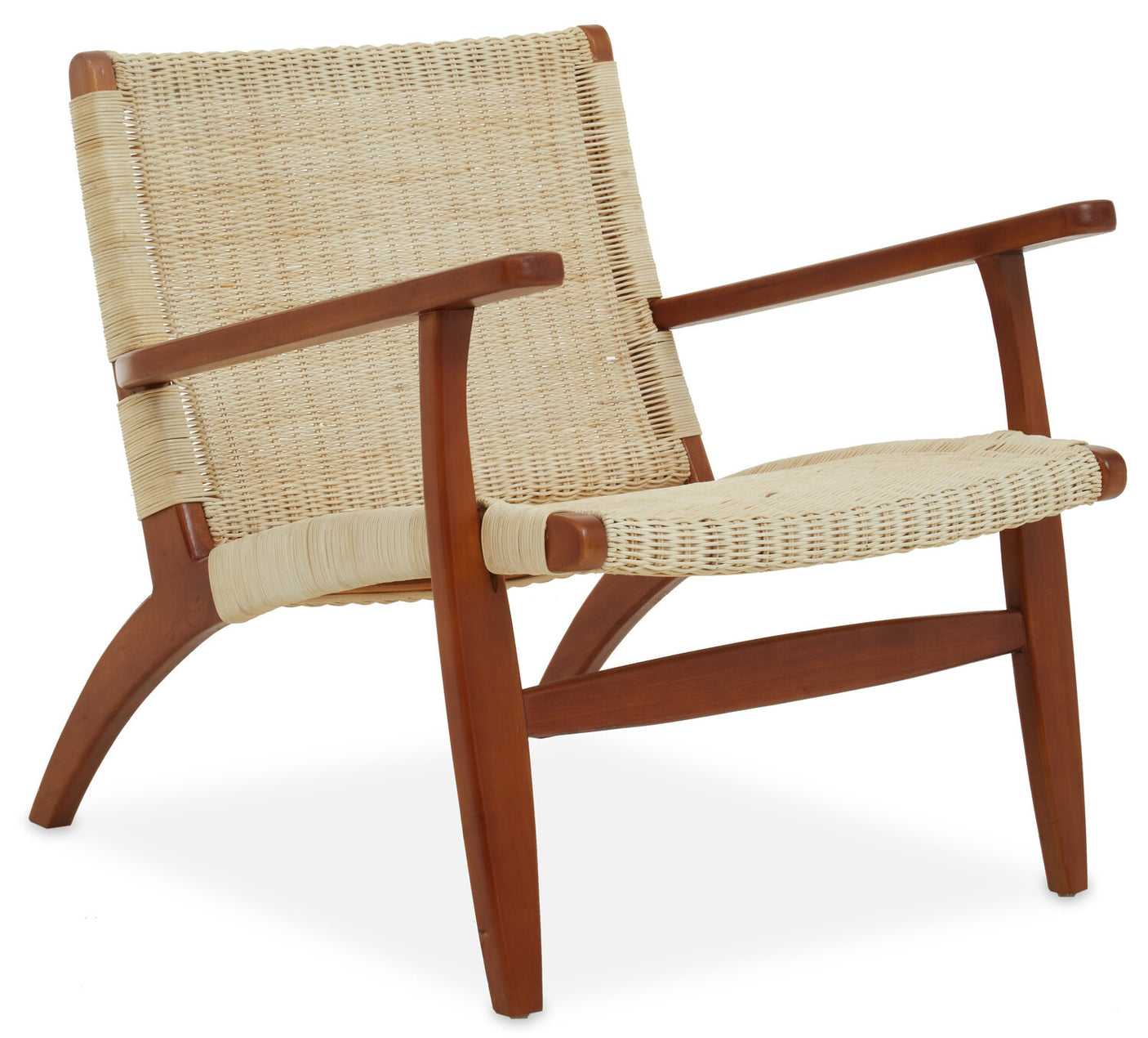 Cream woven rattan armchair with mahogany frame.