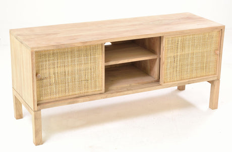 Wooden TV stand with wicker doors on a white background