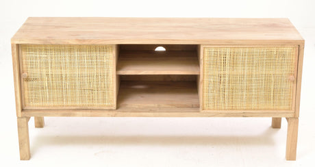 Wooden TV stand with rattan doors on a white background