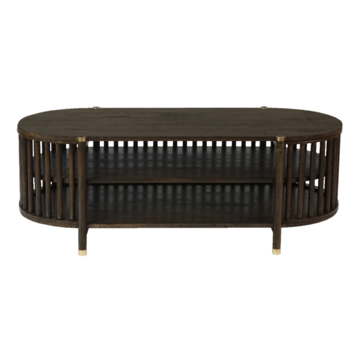 Dark wooden oval media unit with brass accents on a white background