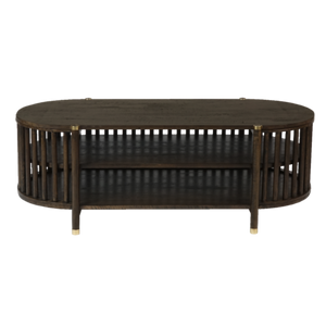 Dark wooden oval media unit with brass accents on a white background