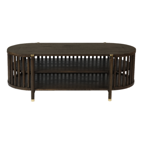 Dark wooden oval media unit with brass accents on a white background