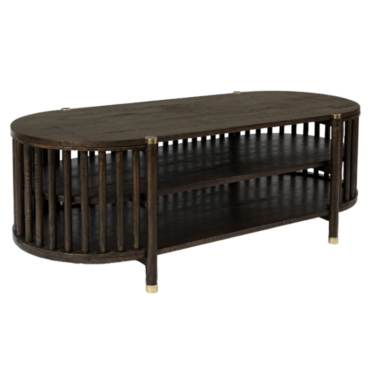 Dark wood oval media unit with gold accents on a white background