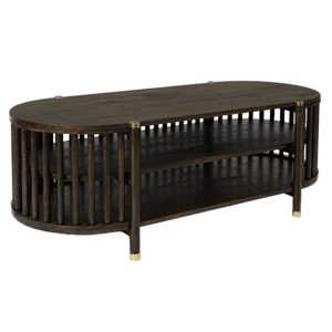 Dark wood oval media unit with gold accents on a white background
