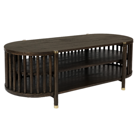 Dark wood oval media unit with gold accents on a white background