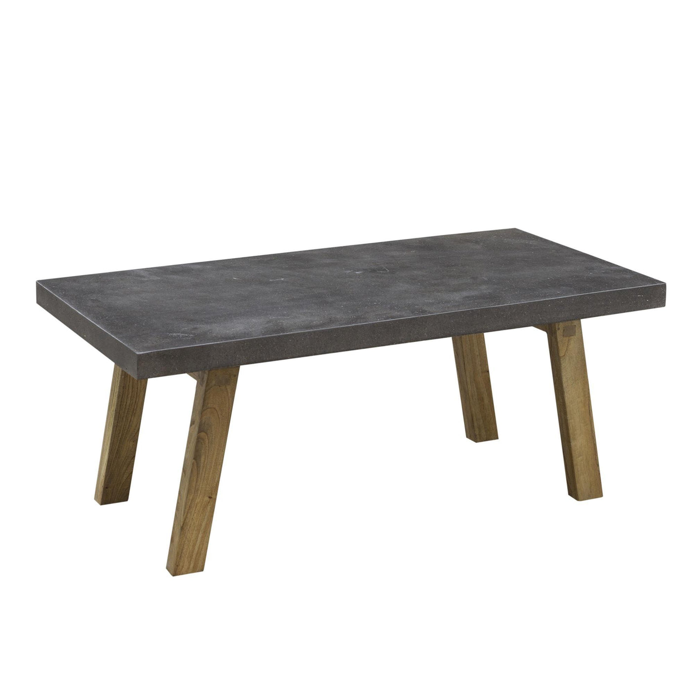 Rectangular table with dark gray concrete top and wooden legs on a white background