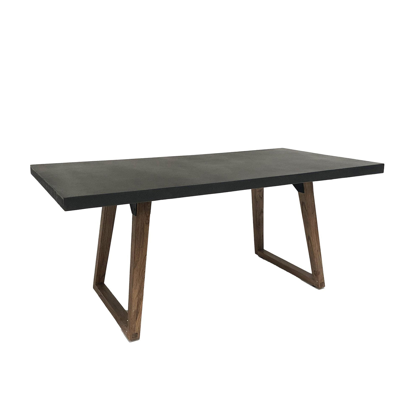 Rectangular dining table with dark surface and wooden legs on a white background