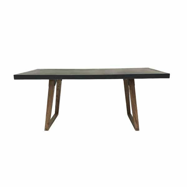 Rectangular concrete table with a dark top and light brown legs on a white background