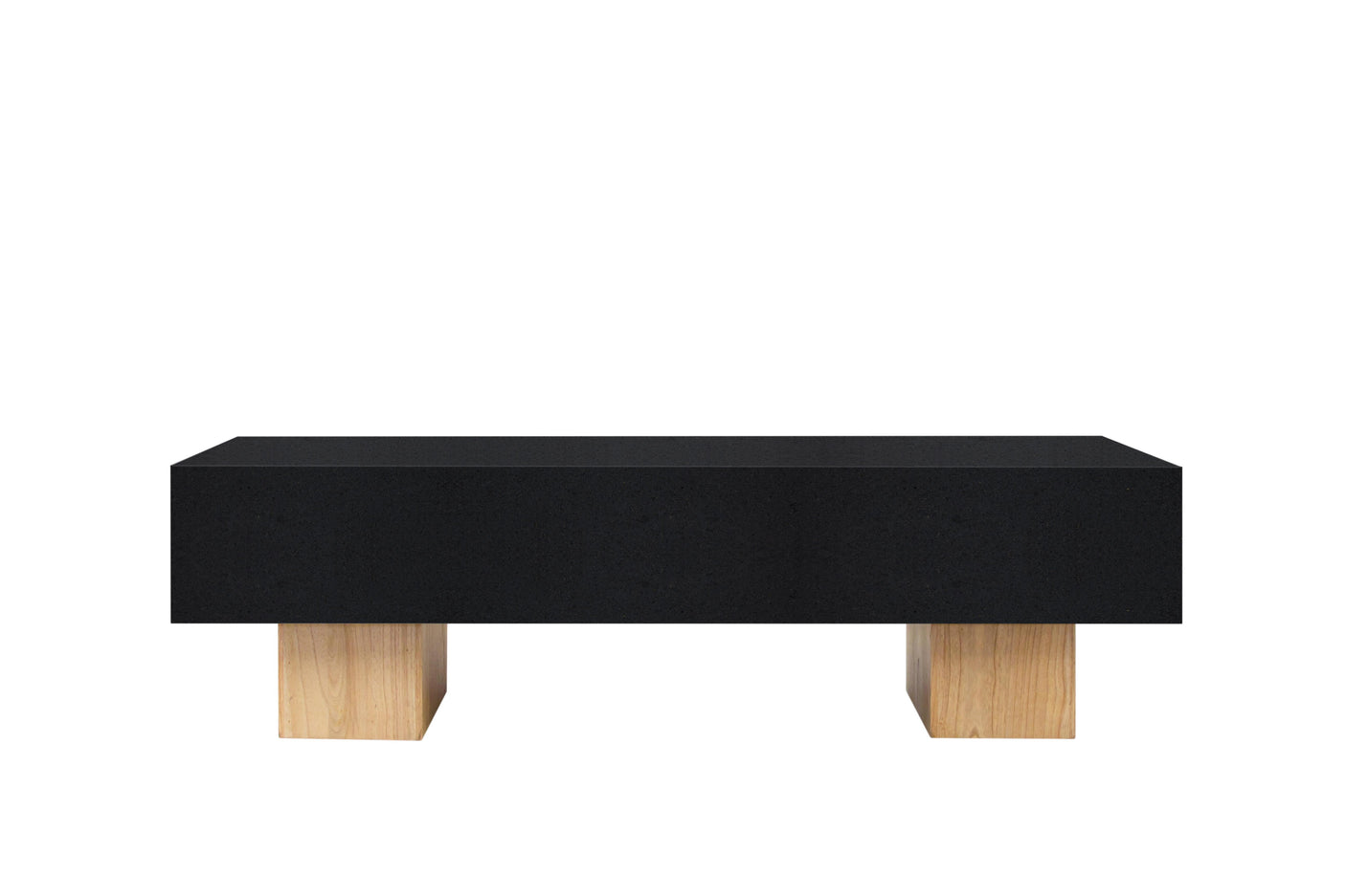 Black concrete bench with wooden legs on a white background