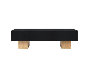 Black concrete bench with wooden legs on a white background