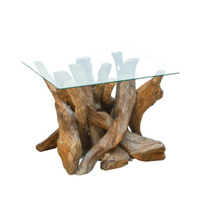 Teak root lamp table with glass square top on a white background