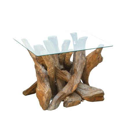 Teak root lamp table with glass square top on a white background