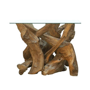 Teak tree root lamp table with glass square top on a white background