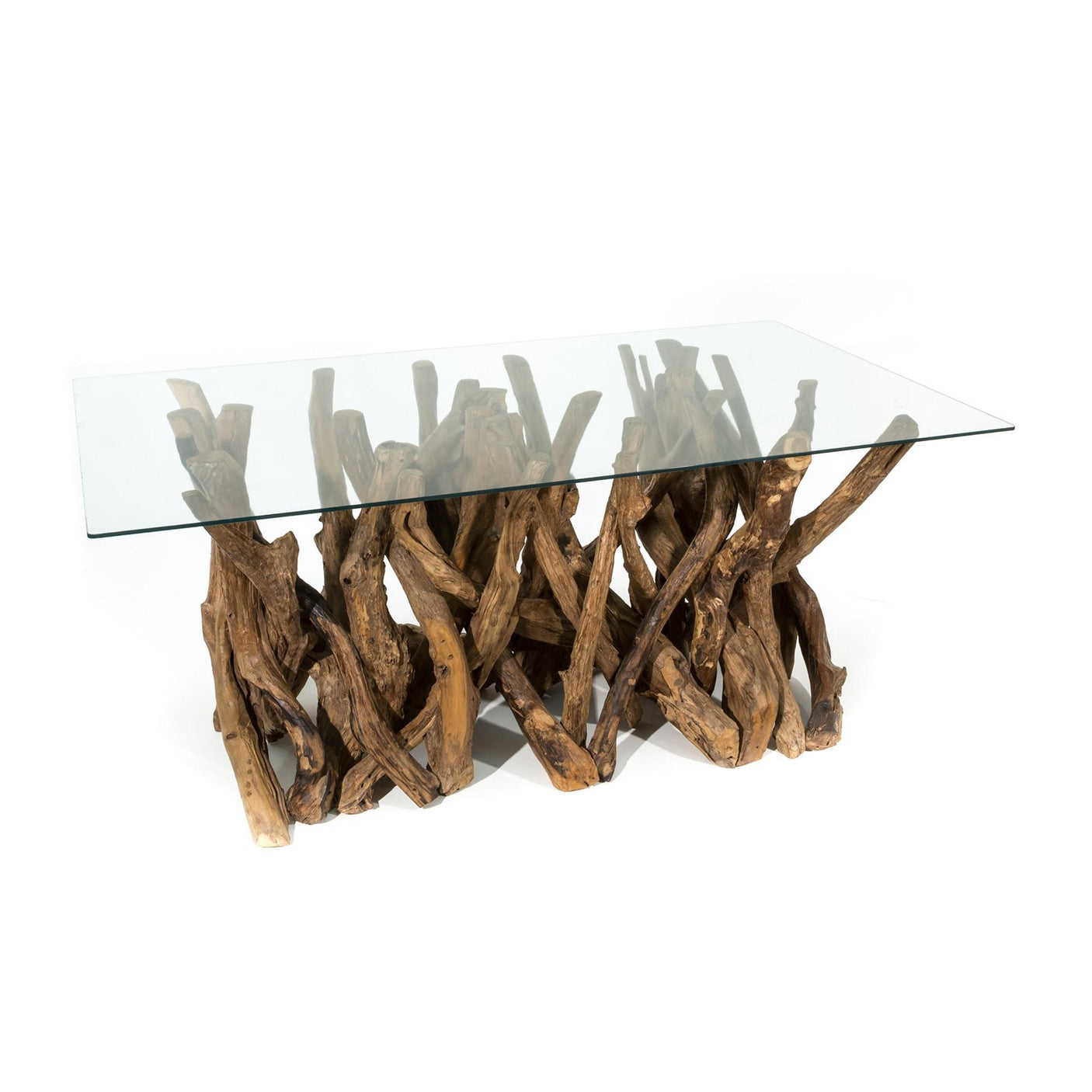 Glass-top dining table with natural teak root base on a white background