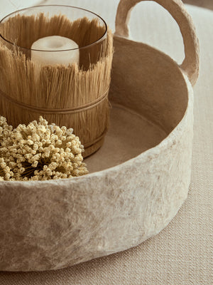 Avara Cotton Mache Round Tray With Decorative Handles